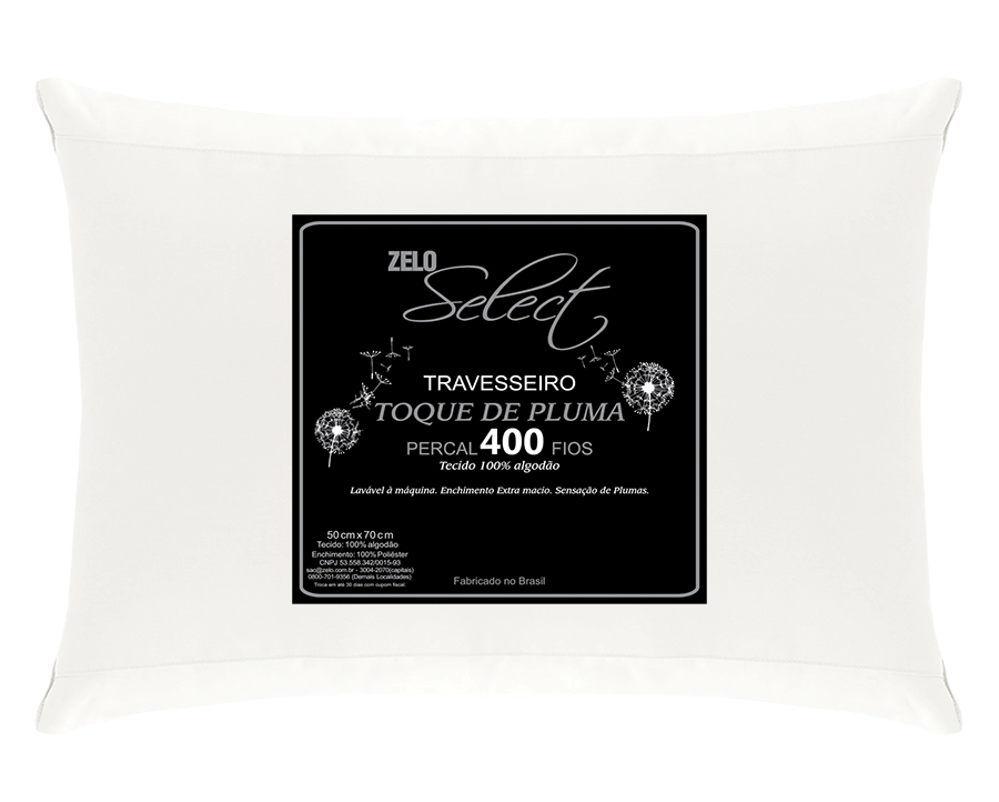 Travesseiro Zelo Select Toque de Pluma 0.50x0.70m - Percal 400 Fios